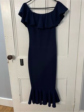Off-Shoulder Ruffle Midi Dress in Navy